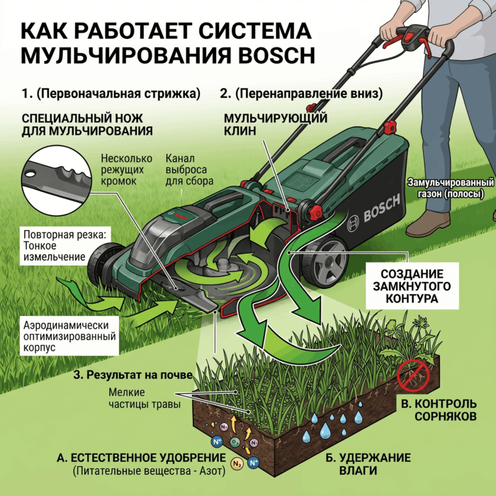 Как работает срезка и перенаправление травы в системе мульчирования