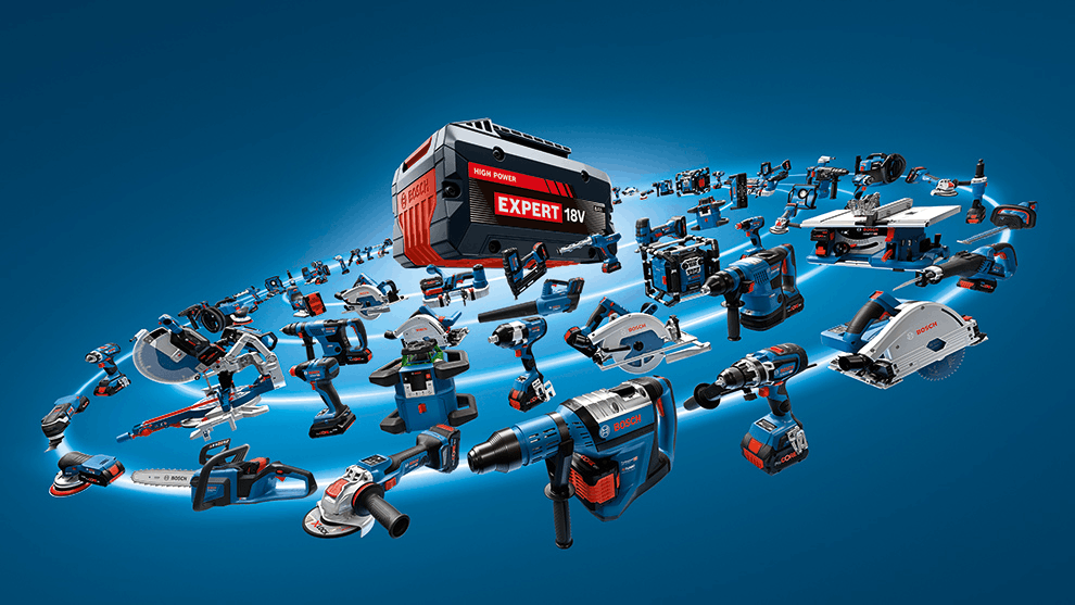 Li-Ion аккумулятор Bosch 18V, подключенный к различным инструментам