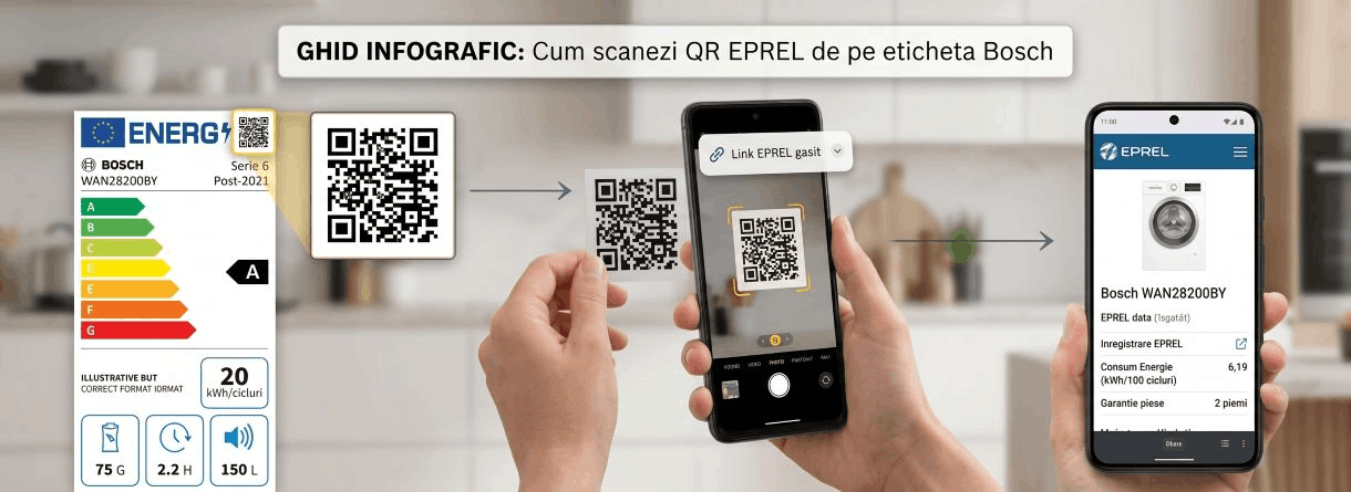 Infografic: Scanarea codului QR EPREL de pe eticheta Bosch cu un smartphone