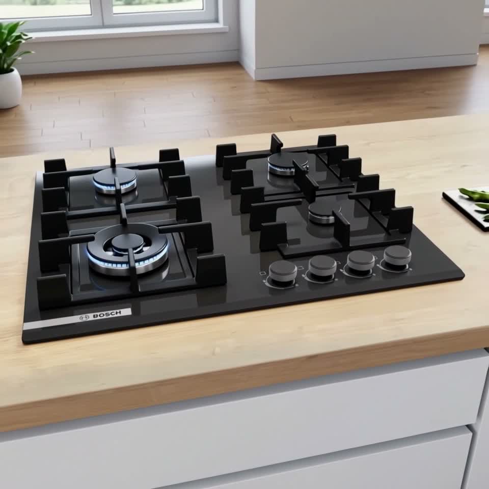Встраиваемая газовая панель Bosch PNK6B6P40R Закаленное стекло конфорки 4 шт. — Видеообзор